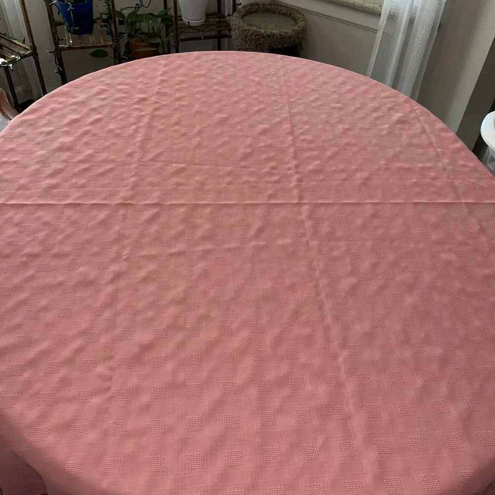 Vintage Pink Damask Tablecloth And 6 Napkins Mid-Century Square Weave